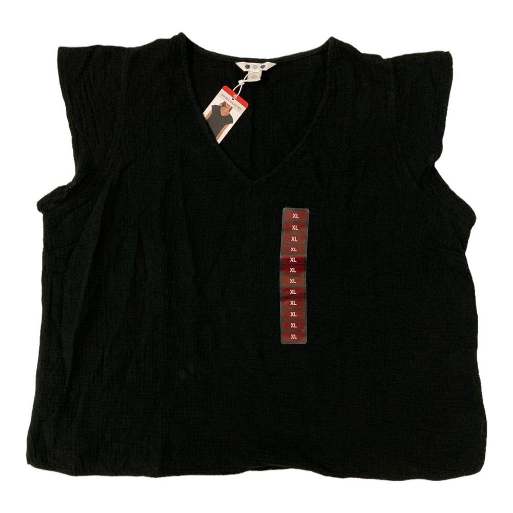 Three Dots Short Sleeve V-Neck Double Layer Cotton Gauze Blouse Black